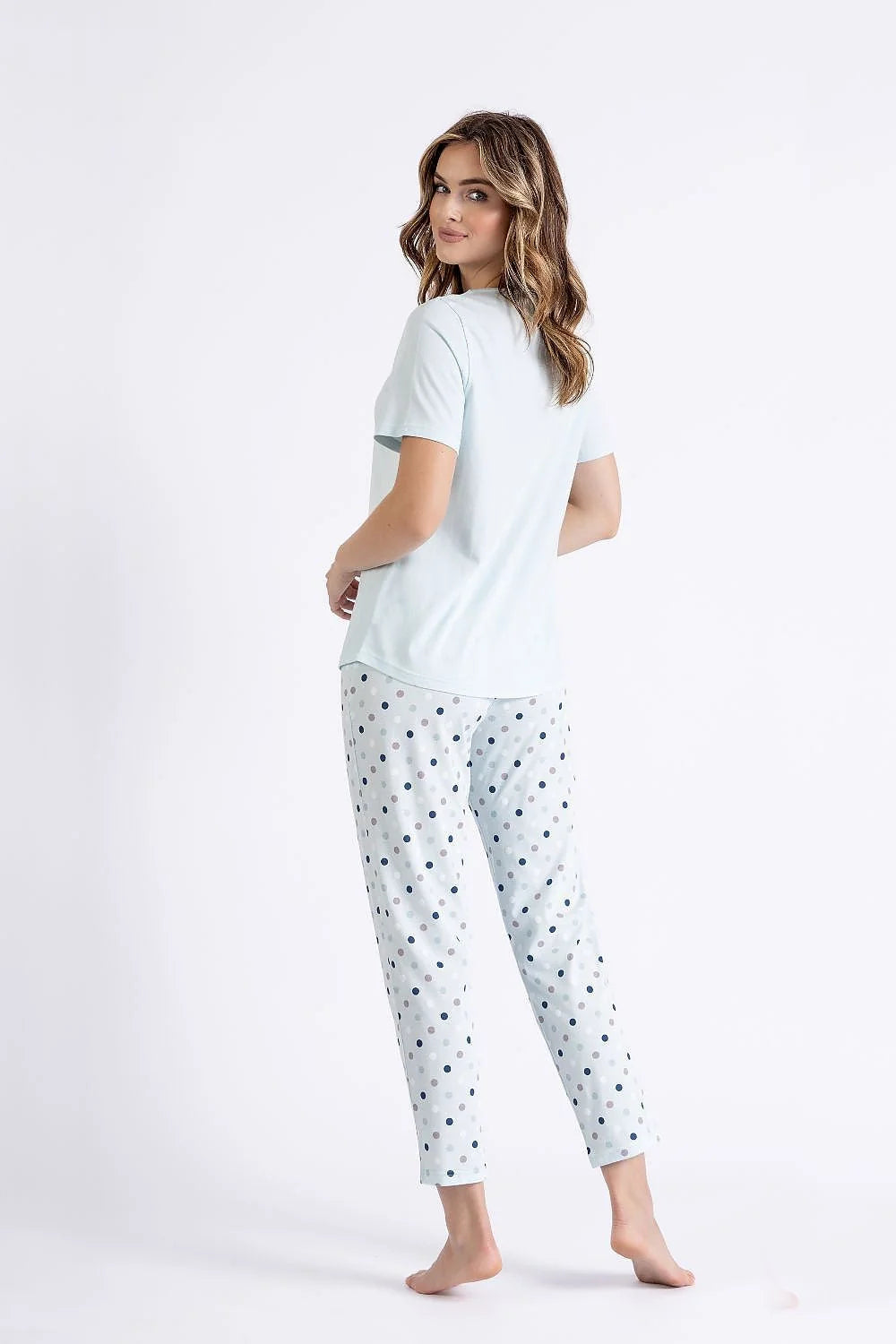 Pyjama féminin confortable en coton bleu clair imprimé koala et pois manches courtes pantalon 7/8