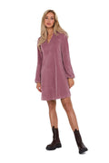 robe velours rose mauve manches longues encolure V coupe trapèze mini longueur effet ballon poignet resserré douce brillante