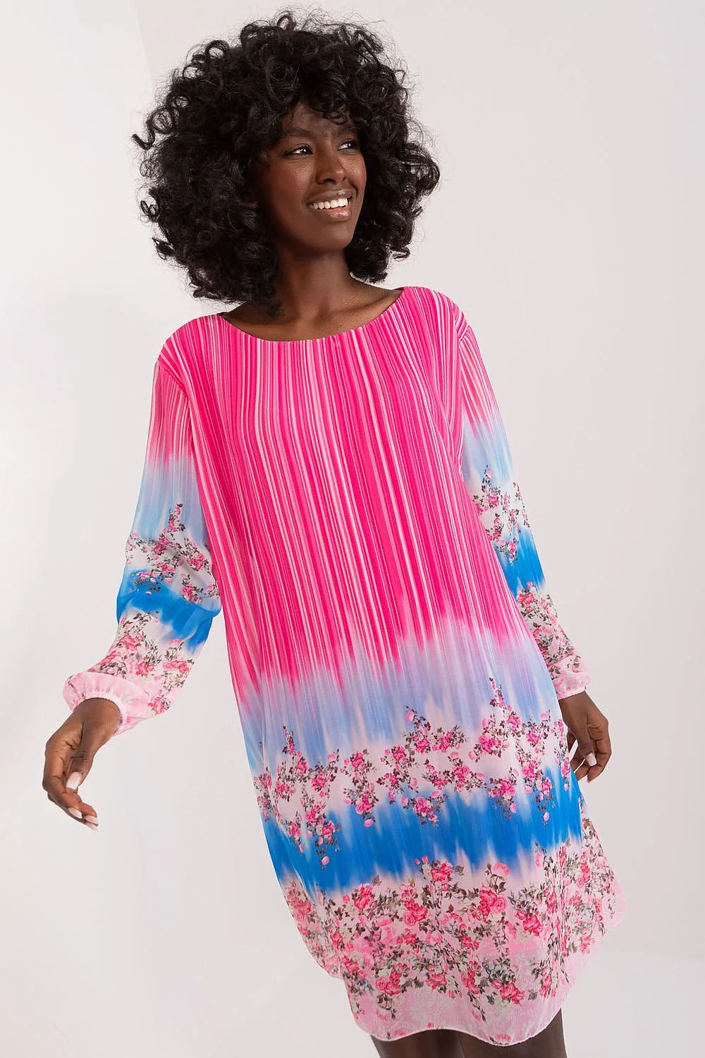 Robe vibrante floral rayures verticales manches longues en polyester coupé droit féminine occasion semi-formelle