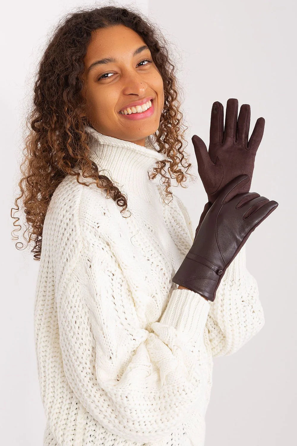 Gants élégants pour femmes en cuir marron foncé avec broderie fleur index ajustables poignets décoratifs occasionnels