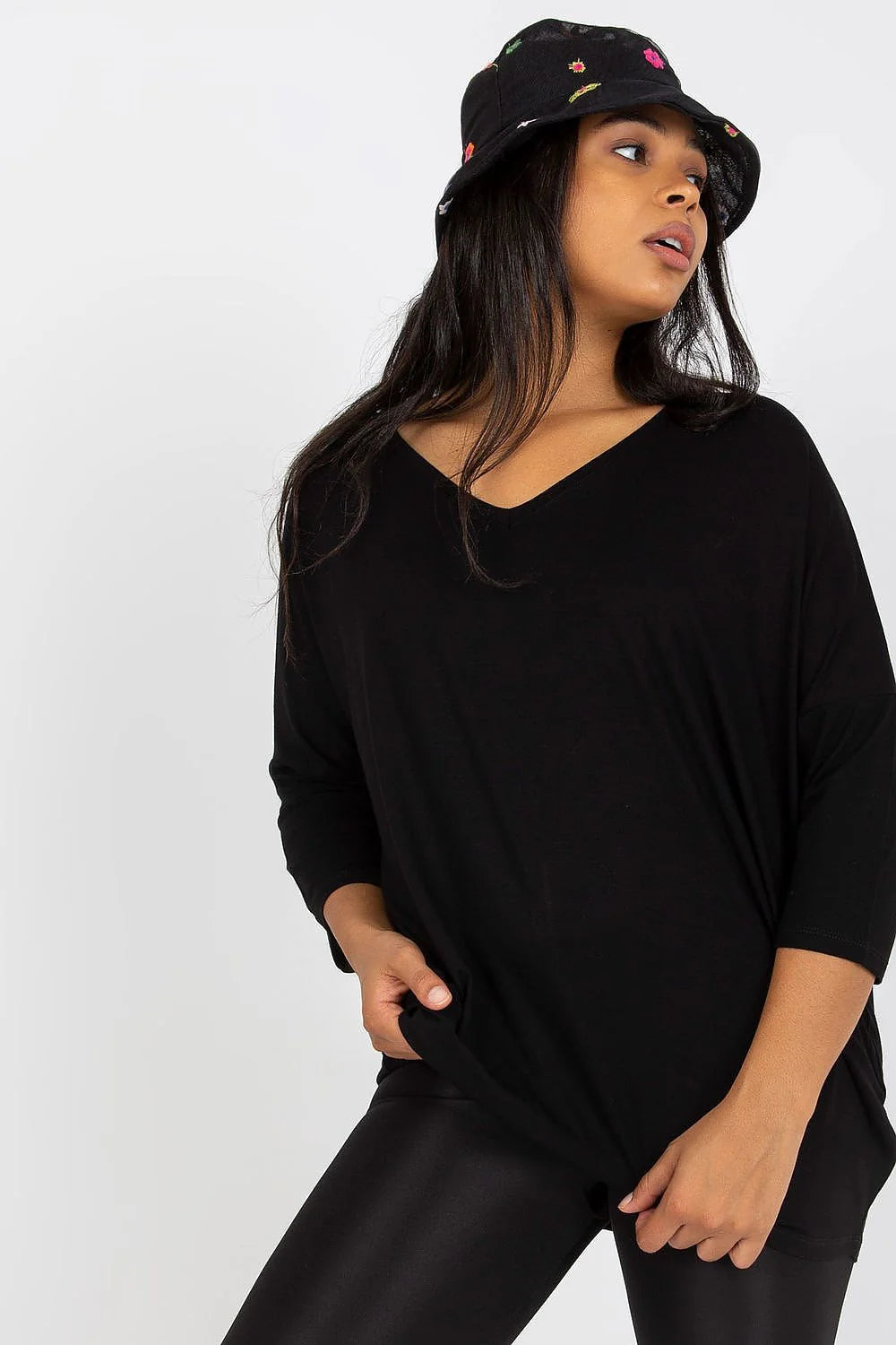 ensemble mode confort femmes grande taille haut noir manches trois quarts ample viscose elasthanne short cycliste ajusté bob floral brodé