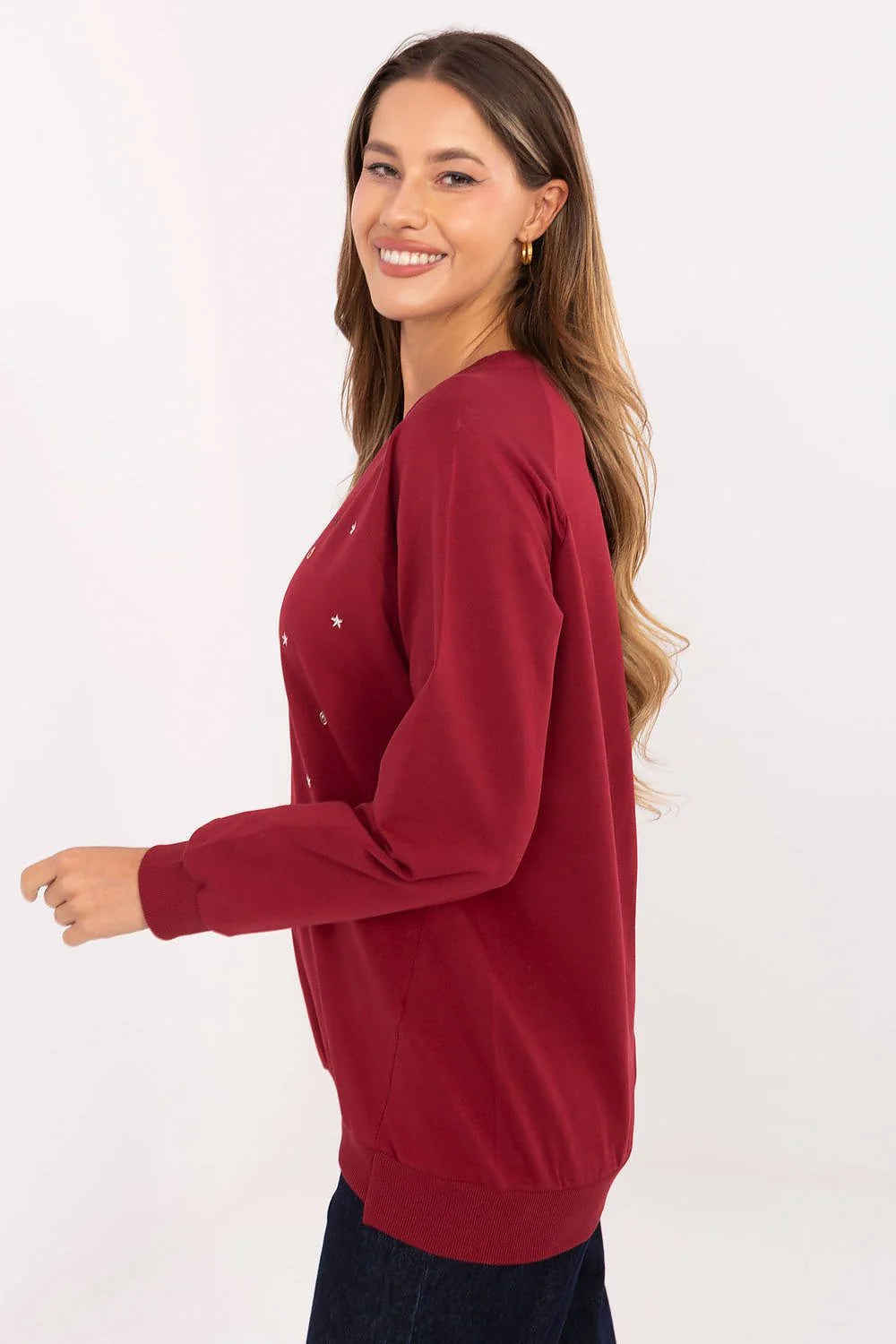 sweatshirt bordeaux femme molleton doux coupe droite encolure ronde manches longues bordcôtes poignets ourlet broderie inscriptions étoiles métallisées