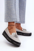 mocassins femmes cuir naturel plateforme 35mm élégants confortables respirants perforés gris noeud strass semelle épaisse noire exclusive chaîne cheville dorée