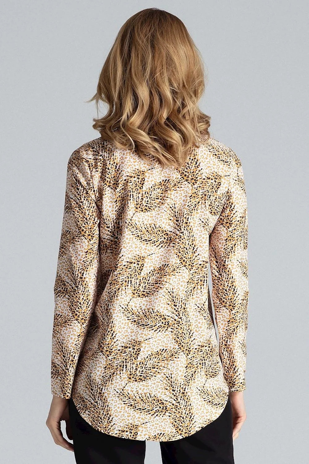 Chemisier Figl élégant imprimé animal végétal couleurs naturelles manches longues col droit femme polyester élasthanne
