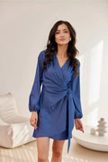 Robe élégante couleur bleu profond manches longues bouffantes ceinture tissu ajustable femme coupe cache-cœur