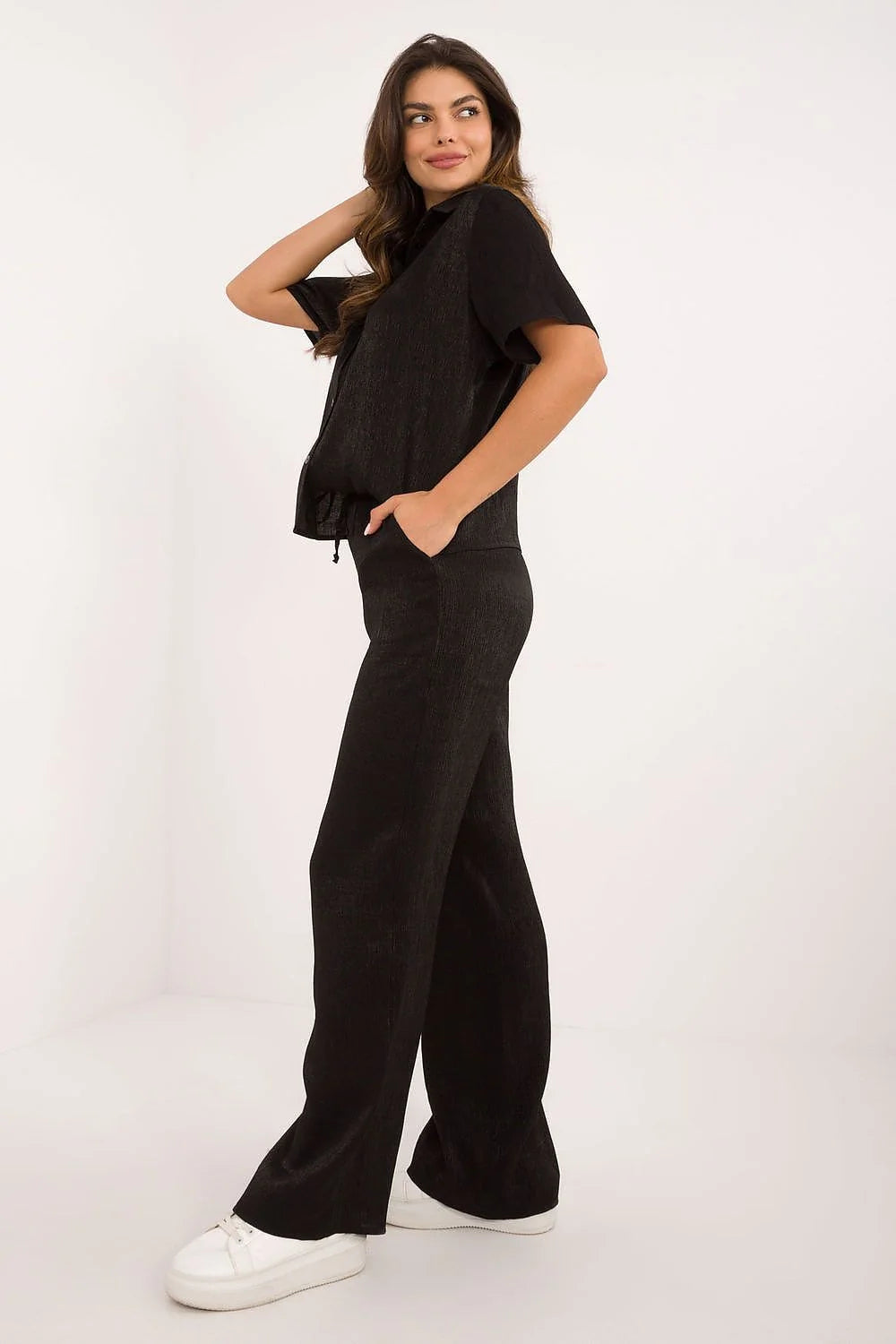 Ensemble Lakerta femme élégant décontracté noir-shirt manches courtes col classique pantalon ample élasthanne viscose