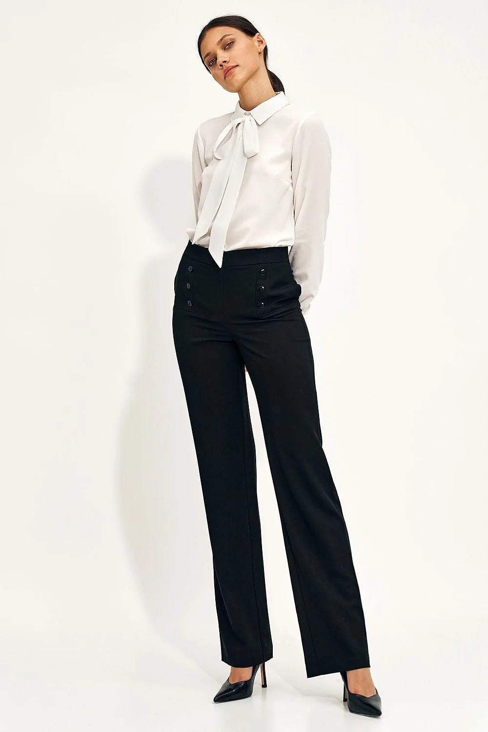 Pantalon femme élégant coupe large taille haute matériau qualité boutons double rangée style professionnel occasion bureau femme