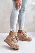 Bottes pour femmes éco-suede camel avec doublure peau de mouton, semelle plateforme, fermeture éclair et lacets, style hiver élégant et confortable femmes