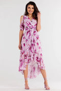 Robe élégante pour femme motifs floraux coupe asymétrique tissu léger manches courtes encolure V ceinture assortie