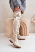 Bottes cuissardes élégantes en suédine écologique pour femme, style moderne, taille ajustable, talon stable, semelle confortable, idéales pour l'automne/hiver