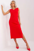 Robe de jour élégante sans manches encolure V fente latérale coton élasthanne ajustée couleur rouge vif femme
