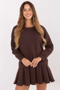 robe molleton femme coton élasthanne col rond manches longues épaules tombantes coupe évasée jupe plissée mini marron chocolat