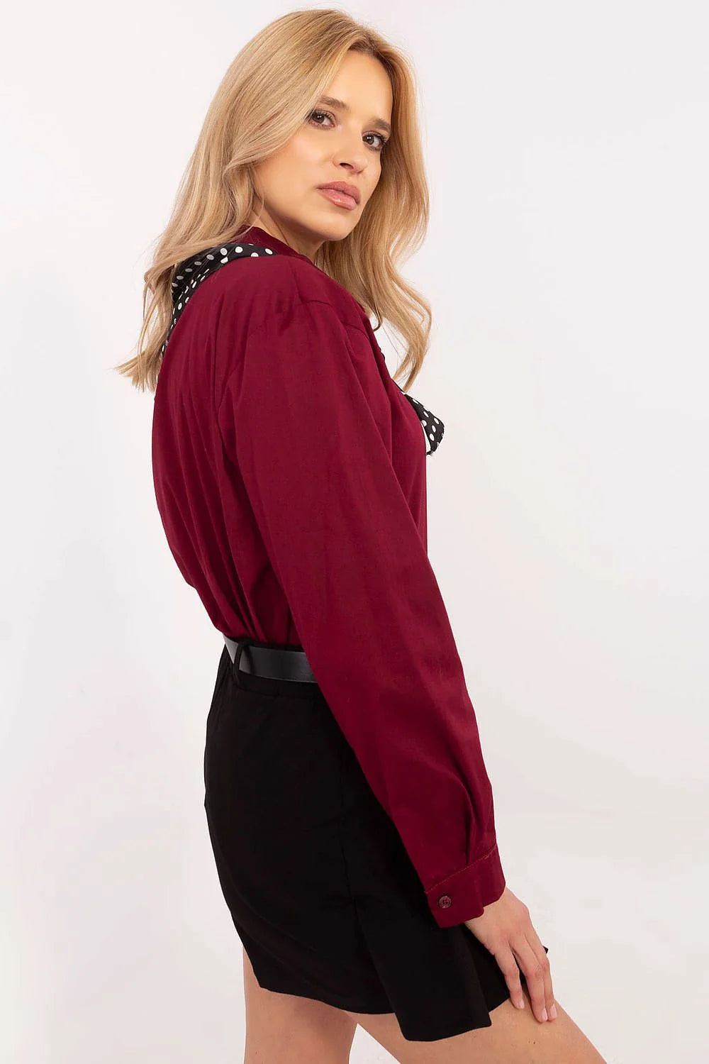 Ensemble chemisier jupe femme classique élégant rouge bordeaux noir coton polyester manches longues coupe ample occasionnels formels