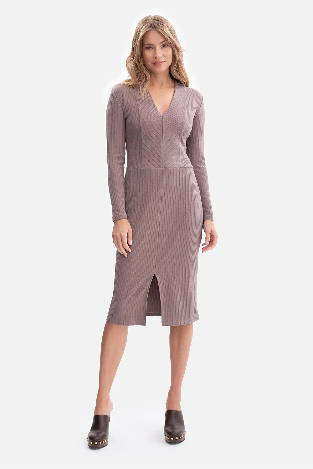 robe midi côtelée mauve poudrée fourreau ajustée encolure V manches longues fente frontale genou taille marquée tissu extensible coton élasthanne