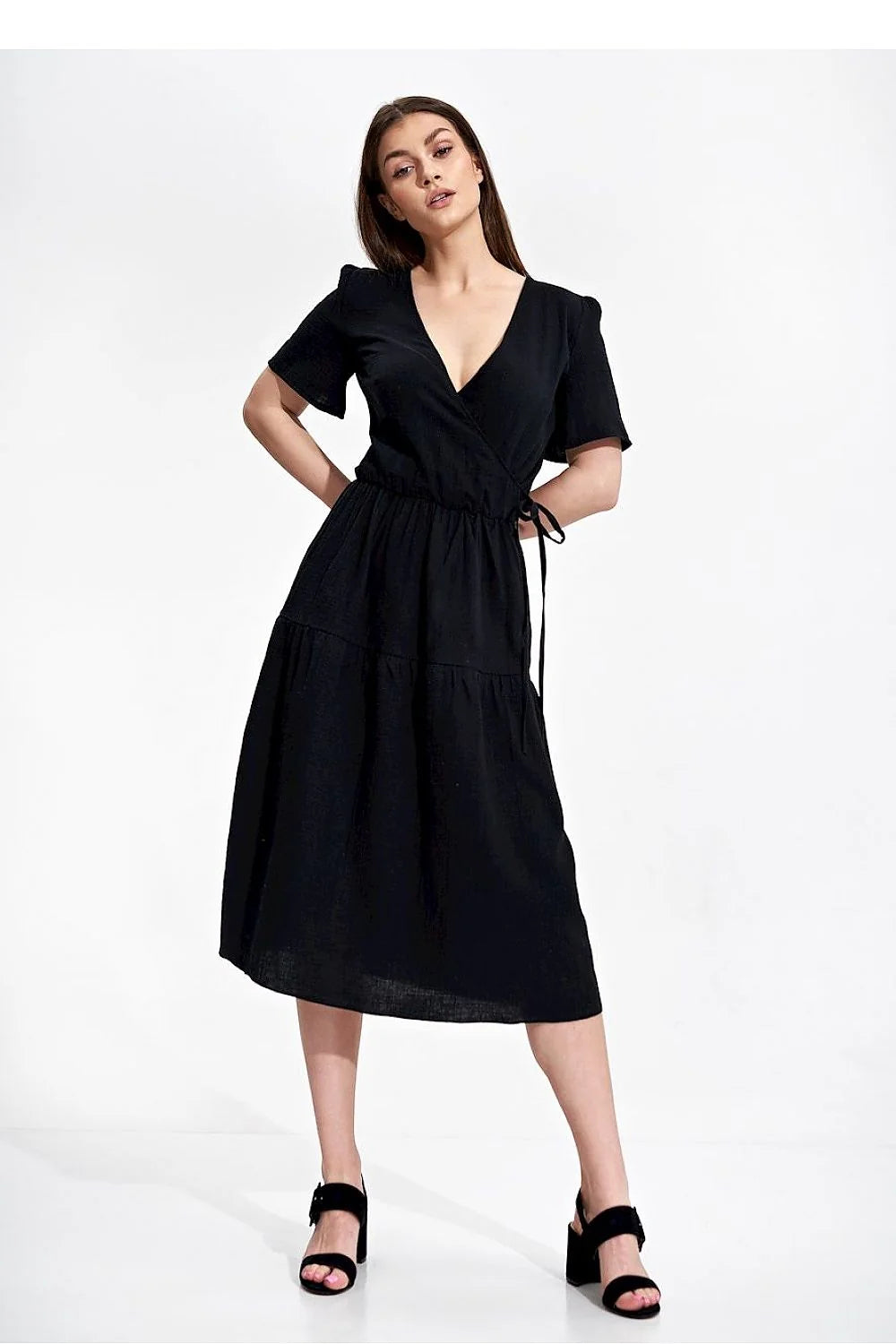 Robe de jour élégante été manches courtes encolure enveloppante coton 100 % taille ajustable femme