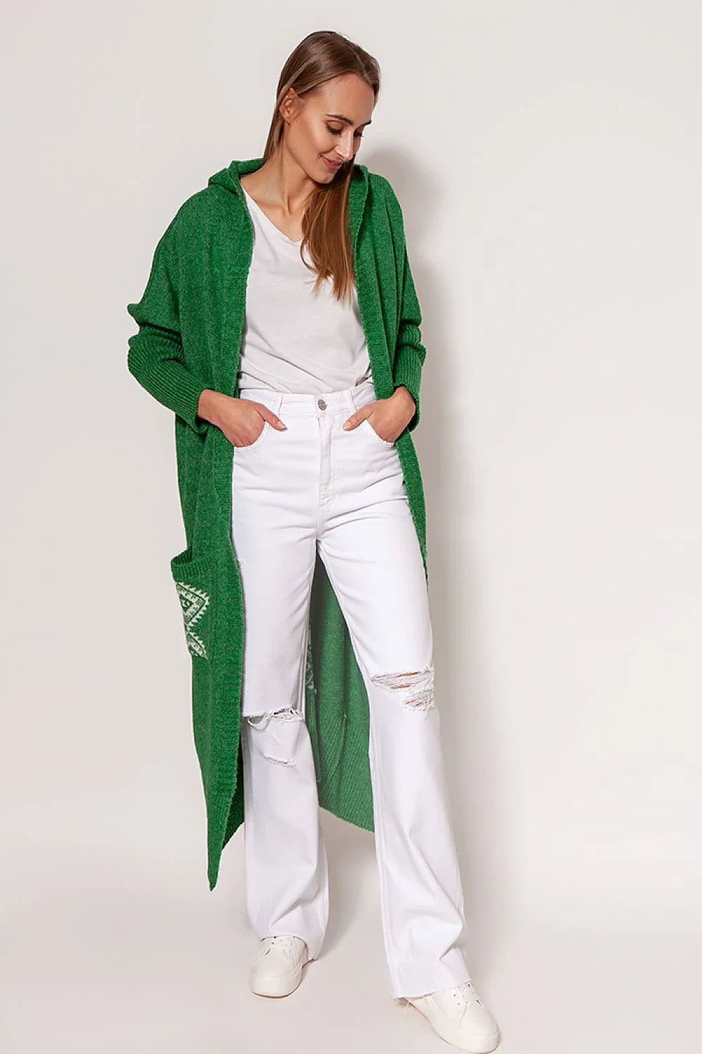 Cardigan pour femme en acrylique et laine, style décontracté, capuche et poches, longueur totale 120 cm