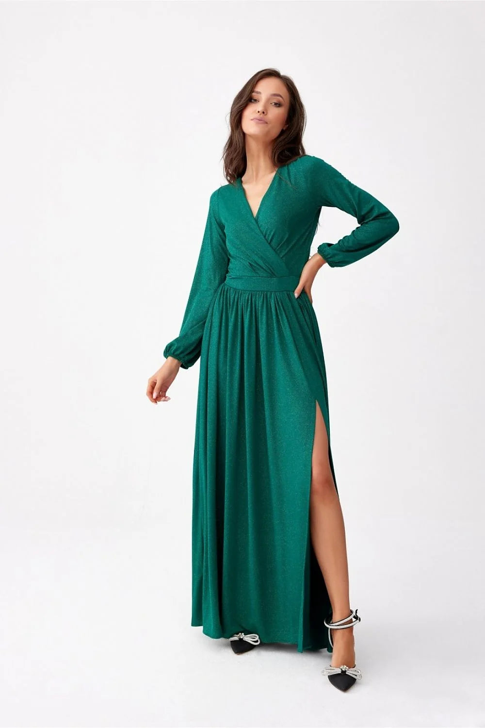 Robe longue élégante en vert émeraude pour femme, manches longues, décolleté en V, fente audacieuse, soirées et galas