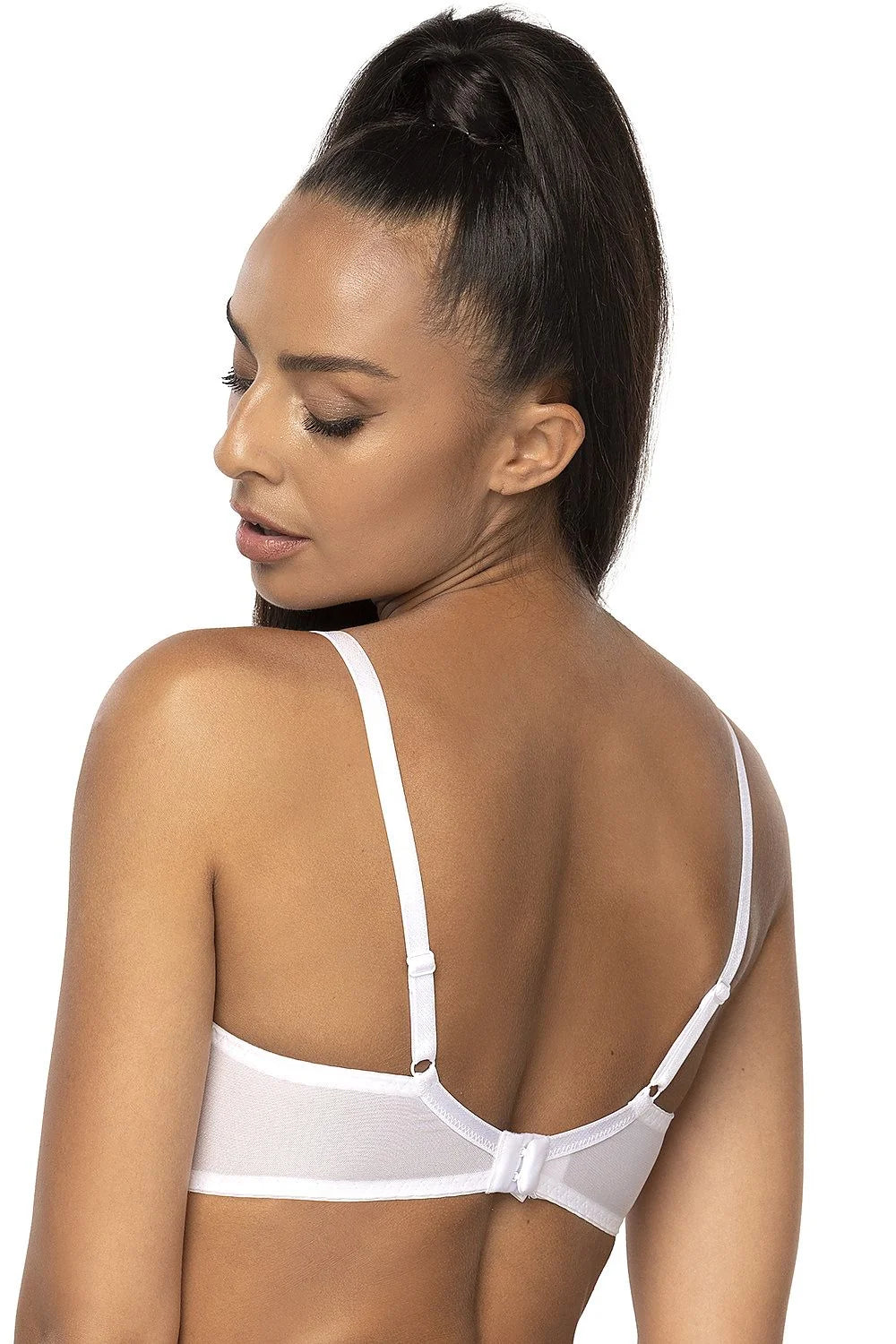 Soutien-gorge féminin élégant dentelle maille blanc ajusté maintien bonnets dentelle floral brides ajustables fermeture dos femme lingerie