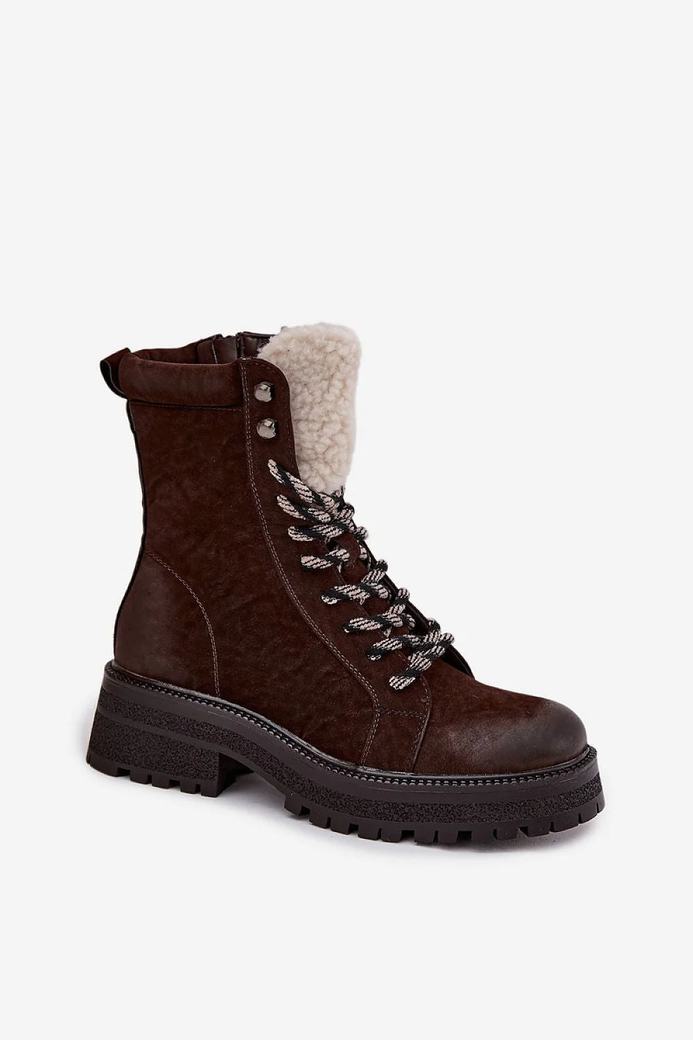 bottines femme cuir écologique zippées lacées randonneur suédine marron foncé col doublure shearling crème plateforme crantée semelle noire confortable durable