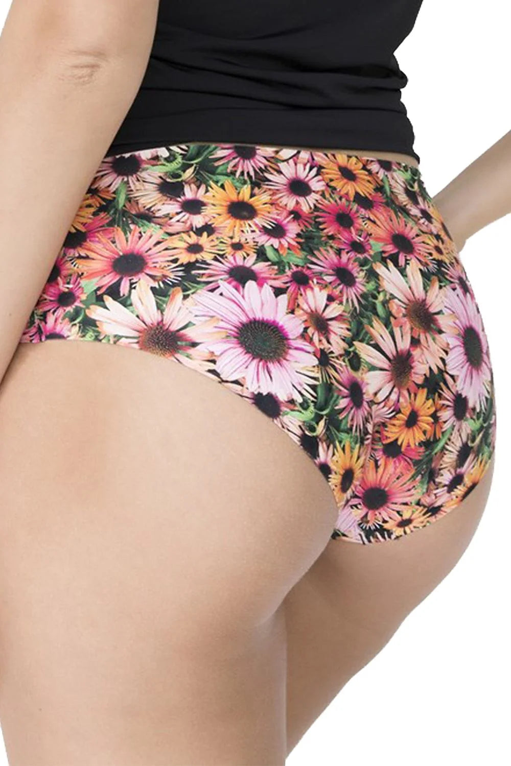 Julimex culotte bikini taille basse hipster couvrance moyenne floral multicolore marguerites feuillage extensible lisse élasthanne polyamide sans coutures bords plats