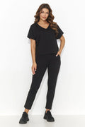 ensemble femme maille noir col V manches courtes haut pantalon slim taille élastique poches latérales jersey extensible coton élasthanne confortable