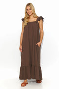 Robe de jour Makadamia longue bretelles larges volants poches latérales coton décontractée féminine occasion多种