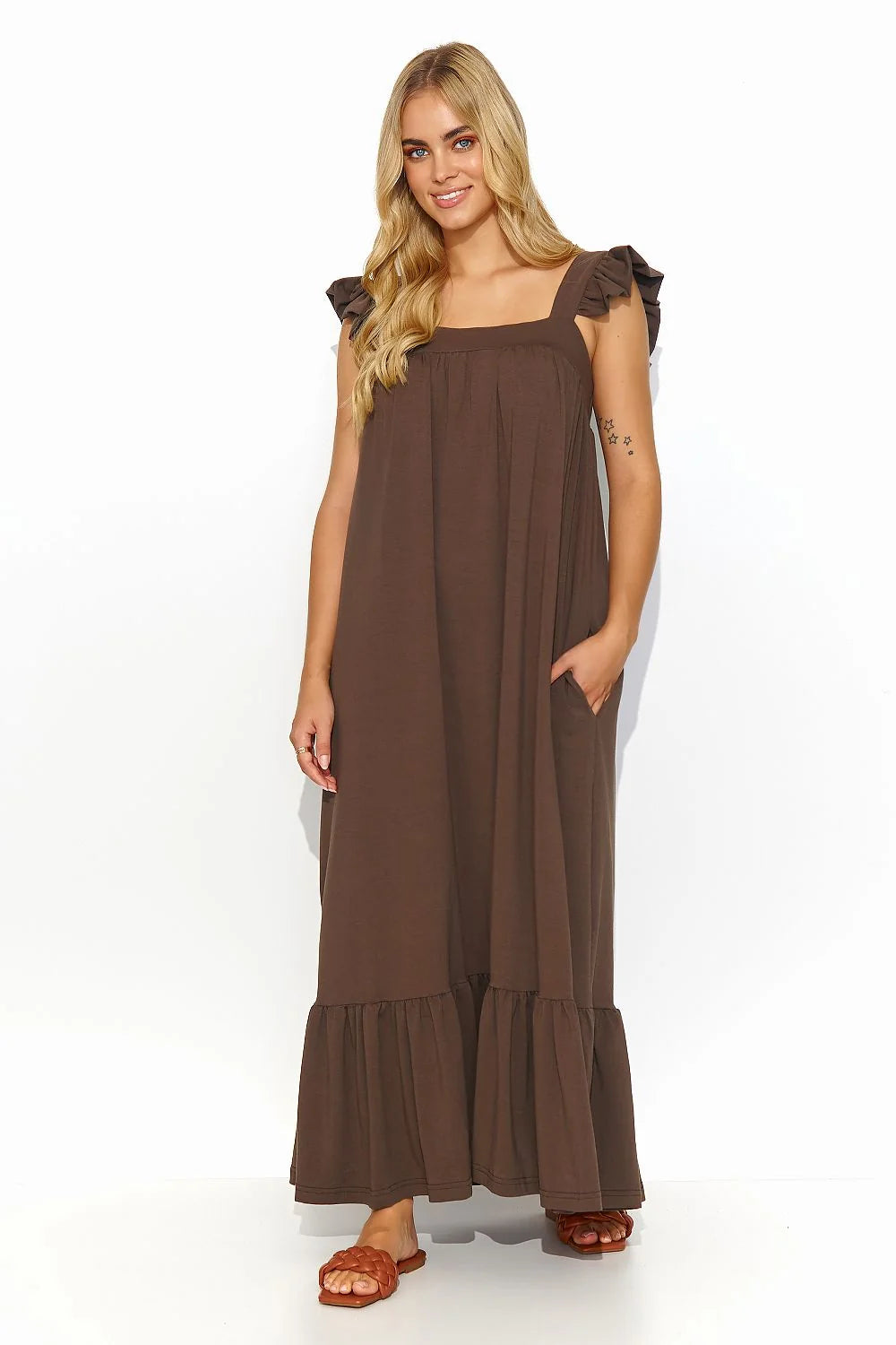 Robe de jour Makadamia longue bretelles larges volants poches latérales coton décontractée féminine occasion多种