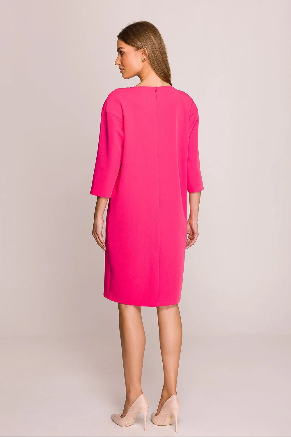 Robe de jour Stylove élégante coupe ample manches 3/4 encolure V bouton doré fente bas tissu polyester rose vif femme