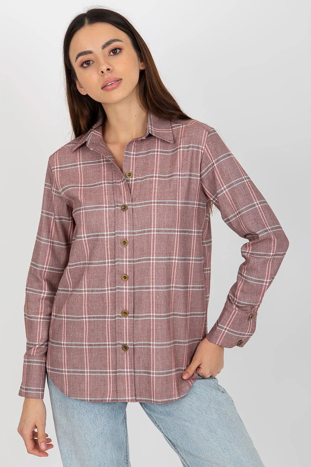 Chemise manche longue Lakerta élégante classique intemporelle carreaux rose blanc gris coton élasthanne viscose femmes