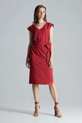 robe midi bordeaux polyester fluide mate nondoublée colV ceinture asymétrique fente manches courtes fourreau ajustée élégante chic contemporaine