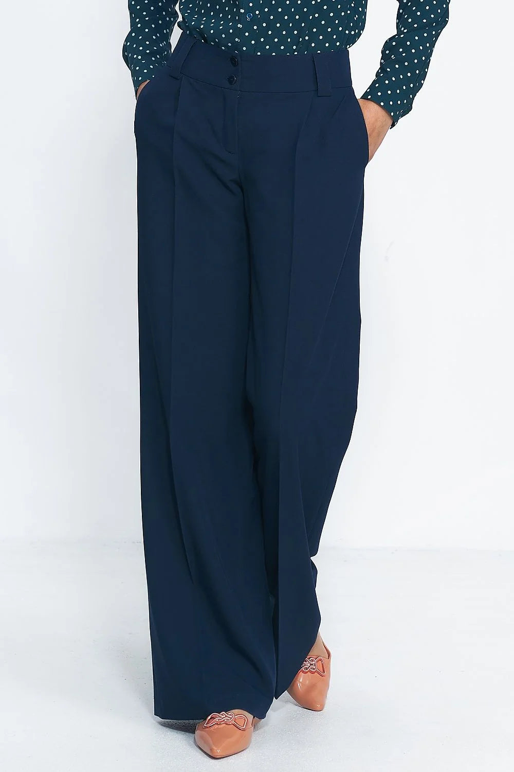 Pantalon palazzo long à jambes larges, haute taille, couleur bleu marine, polyester, viscose, elasthanne, femme, style élégant, coupe ample, occasion professionnelle, mode