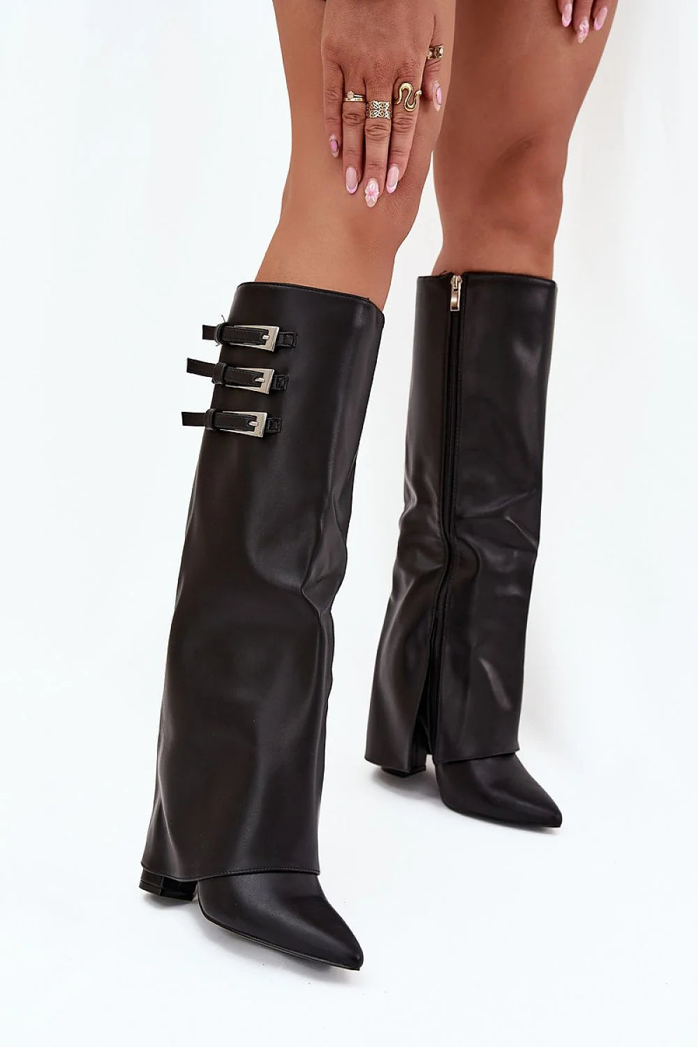 bottes hautes femme similicuir noir bout pointu tige revers fourrure fermeture éclair talon bloc confortable brides boucles argentées