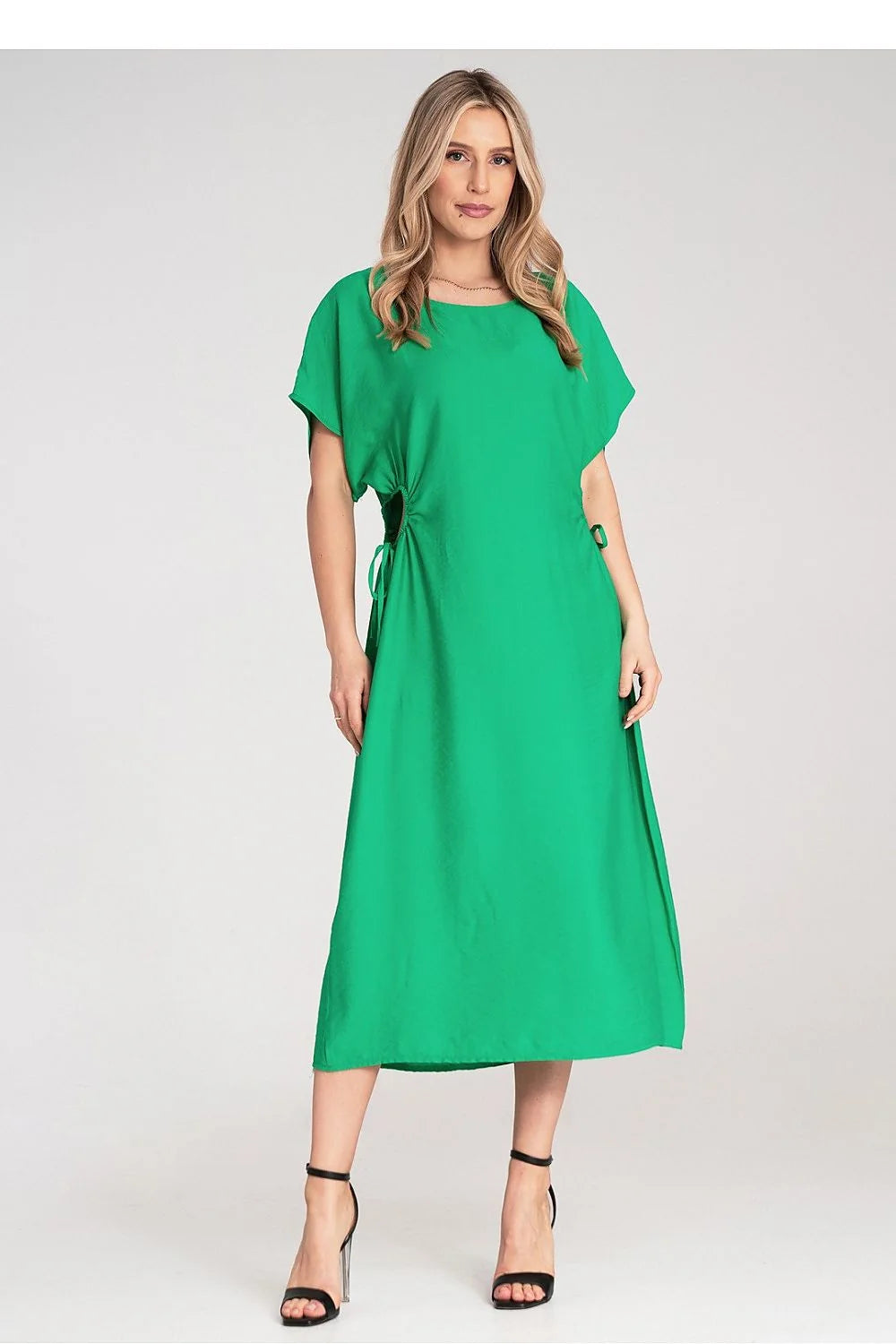Robe midi femme style moderne couleur verte vif viscose 100% coupe droite manches courtes évasées ajustement taille détails décoratifs