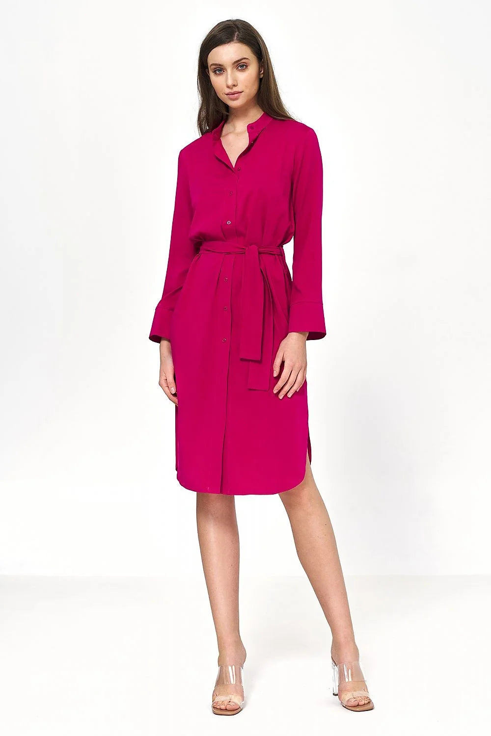 Robe chemise femme longue manches longues verte éclatante coupe droite ceinture intégrée col Mao