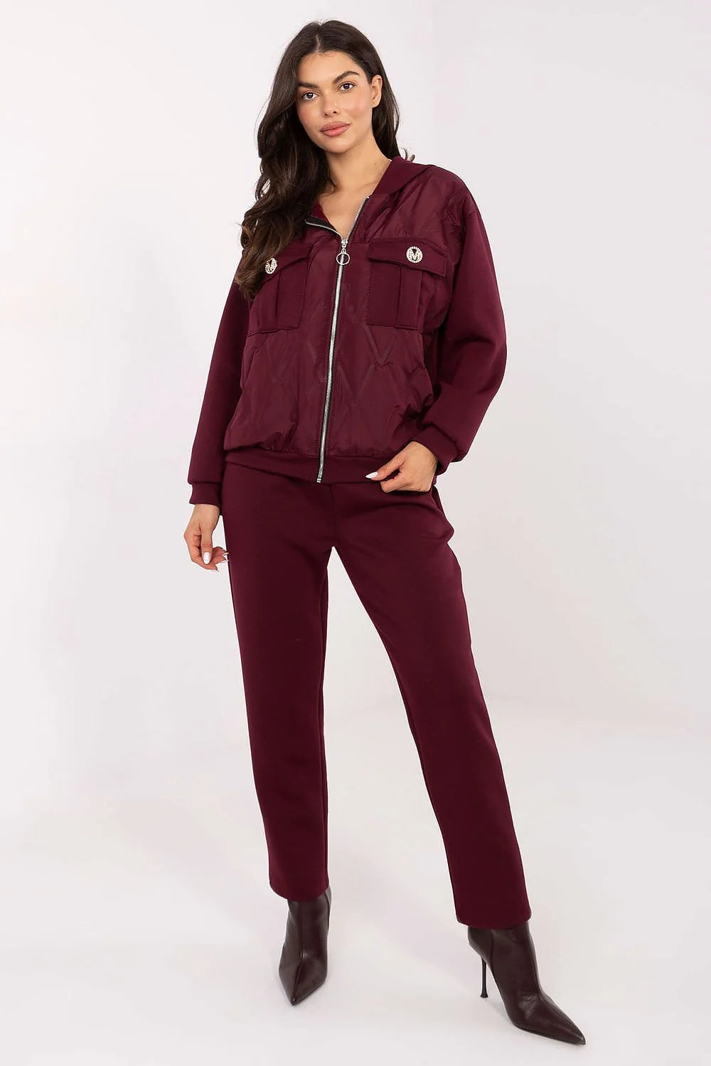 ensemble survêtement femme bordeaux athleisure bomber zippée capuche matelassé satiné molletonné extensible pantalon taille haute fuselées poches broches
