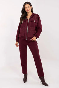 ensemble survêtement femme bordeaux athleisure bomber zippée capuche matelassé satiné molletonné extensible pantalon taille haute fuselées poches broches