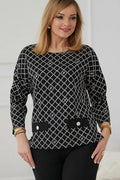Chemisier La Aurora design sophistiqué motif géométrique noir et blanc manches longues poches plaquées femme