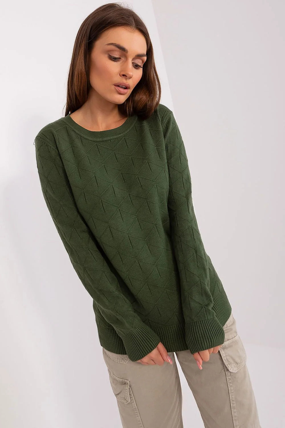 Chandail pour femme texturé motif géométrique couleur verte profonde manches longues col rond tricot doux confortable automne hiver