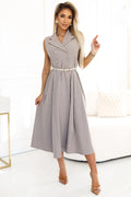 Robe de jour élégante mi-longue sans manches col en V gris clair ceinture métallique femme occasionnels
