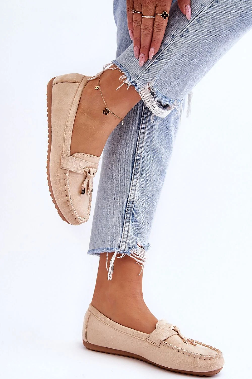 Moccasins femmes style classique suède écologique beige clair plateforme plateforme semelle caoutchouc confortable porté décontracté printemps été