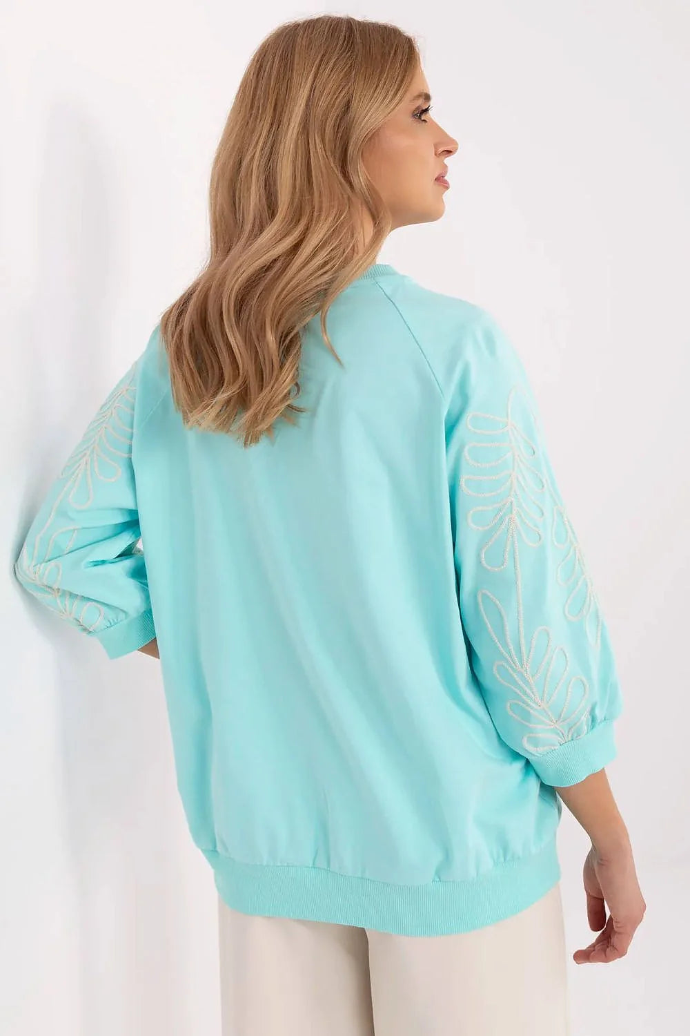 Sweatshirt femme style décontracté manches raglan coton couleur aqua motifs feuilles oversize poche kangourou