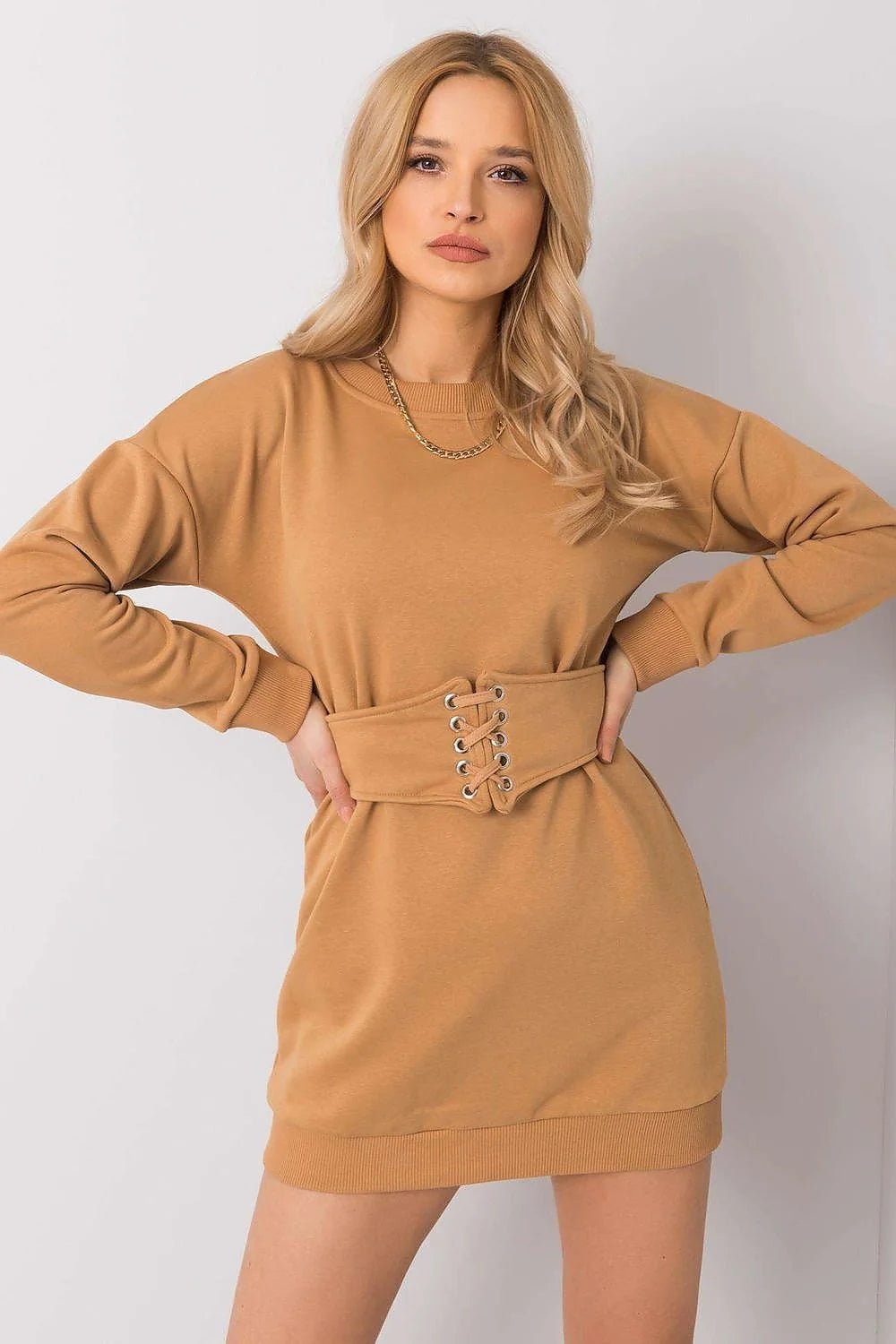 Robe de jour en coton gris, ceinture ajustable, manches longues, encolure ronde, coupe cintrée, longueur mi-cuisse, femmes