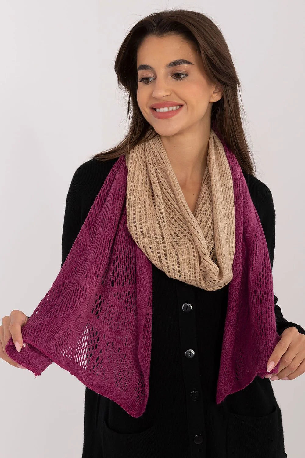Écharpe ajourée longue pour femme automne hiver bi-couleur beige bordeaux coton laine élégante mode ajourée longue femmes