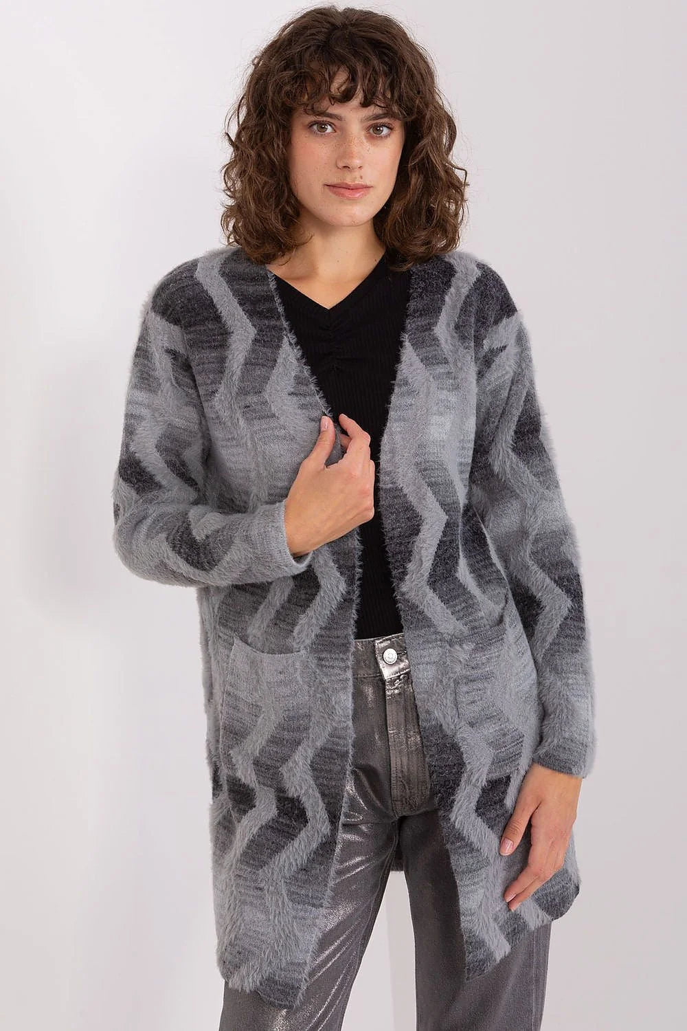 Cardigan femme motif géométrique long manches longues sans fermeture élégant polyvalent hiver automne vêtement mode