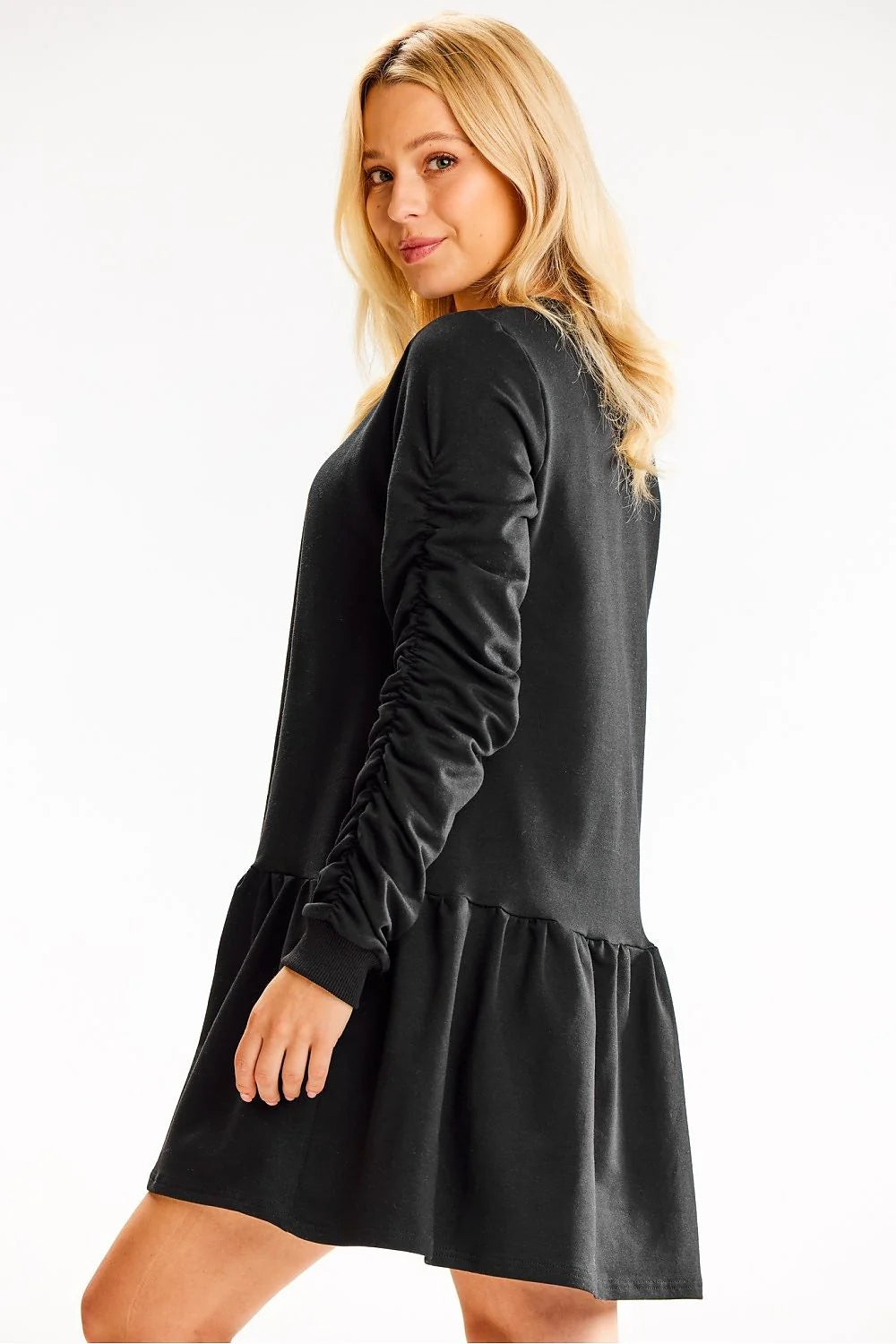 Robe de jour élégante moderne noire manches longues fronces en coton femme taille ajustable coupe trapèze