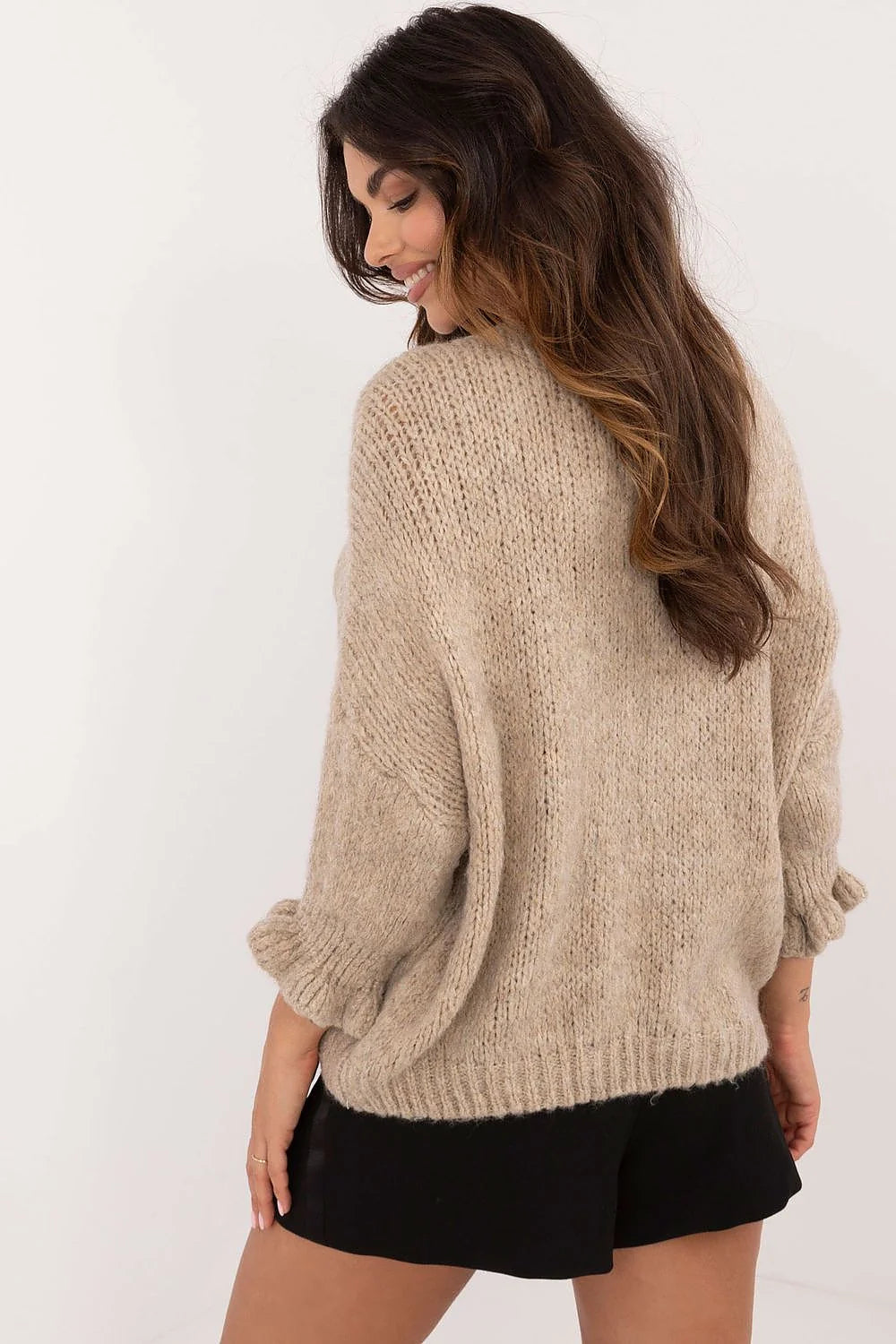 Cardigan Femme Élégant en Maille Laine Mélange Fibres Naturelles et Synthétiques Coupe Amples Manches Longues Lacets Avant