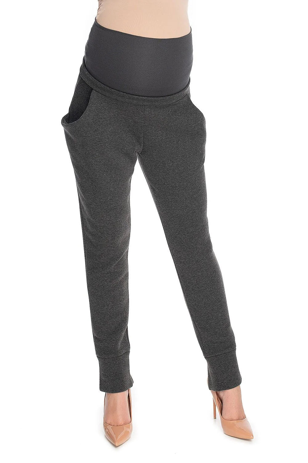 pantalon maternité confortable ceinture élastique bande ventrale haute extensible coupe fuselée chevilles côtelées coton stretch molletonné gris anthracite poches italiennes