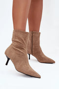bottines femme cheville suédine écologique taupe bout pointu silhouette effilée talon bas fin fermeture éclair latérale tige stretch froncée semelle