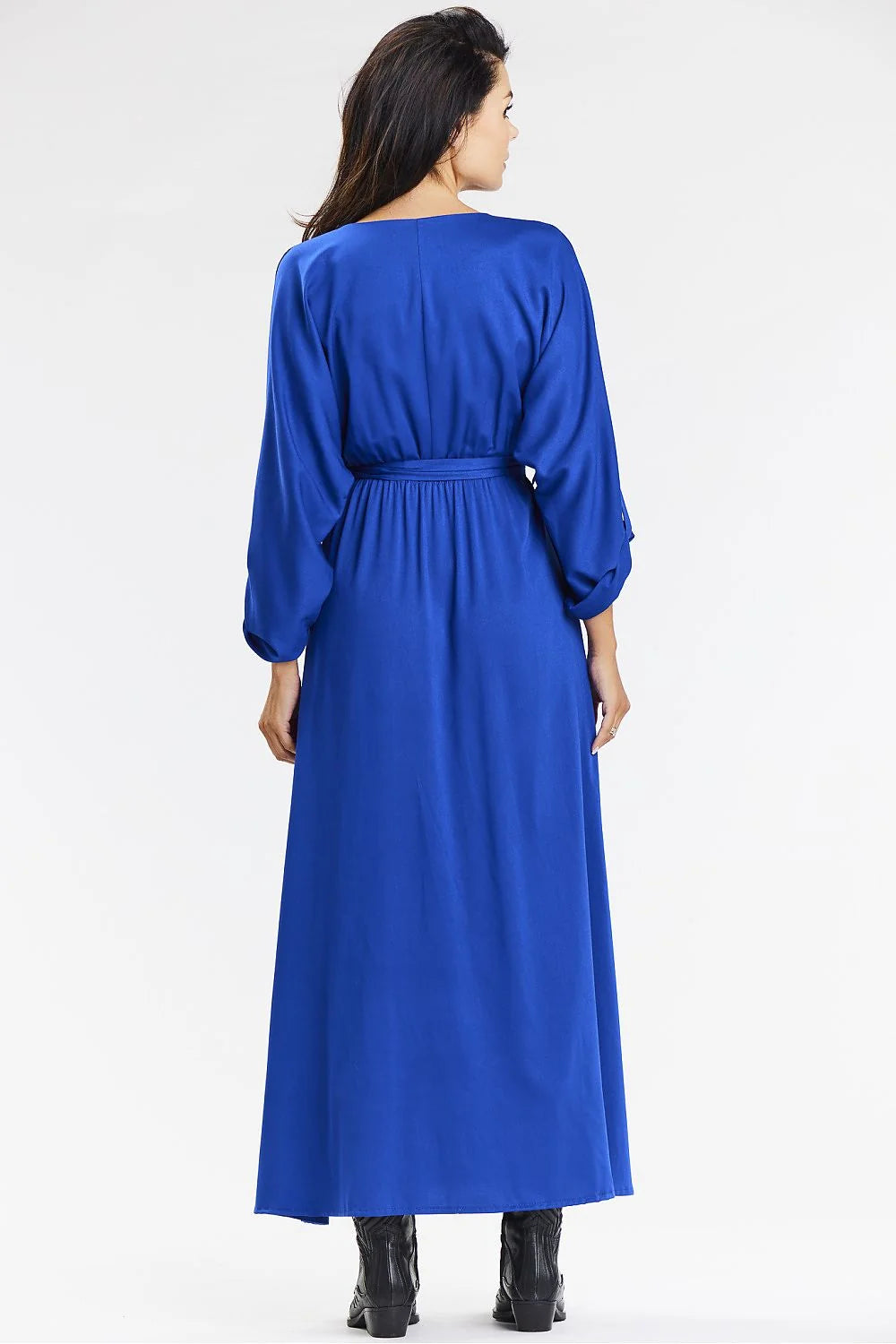 Robe longue pour femme bleu cobalt manches longues encolure V ceinture taille ajustable fente latérale robe élégante pour quotidien et soirées