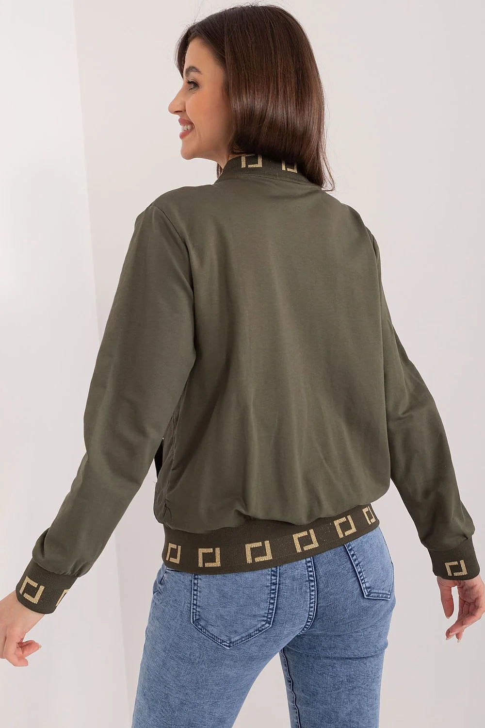 Veste bomber femme vert olive motif géométrique doré style vintage coupe ajustée matelassé losange fermeture éclair dorée